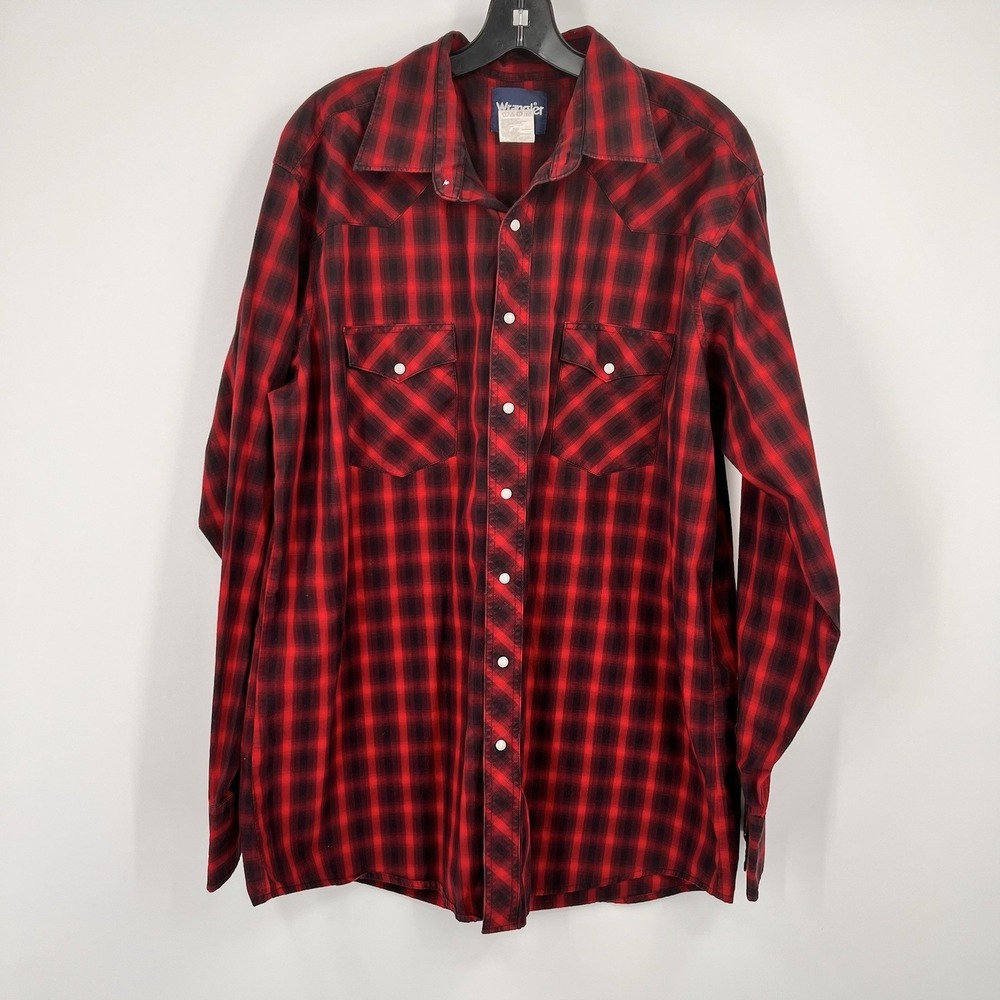 Vintage Wrangler Western Flannel Shirt Size XLT Pearl Snap Red Black Plaid